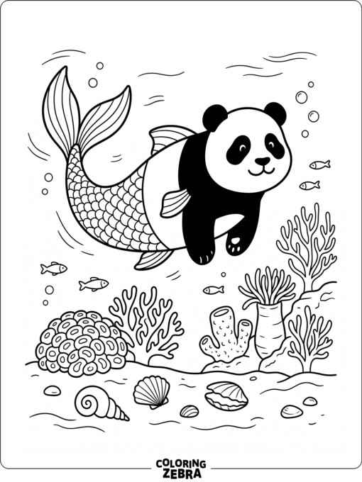 A panda with a fishtail near coral and shells