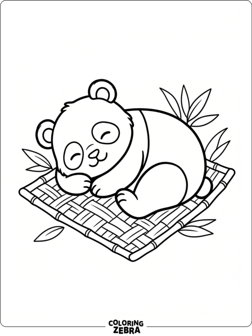 A sleeping panda curled up on a bamboo mat