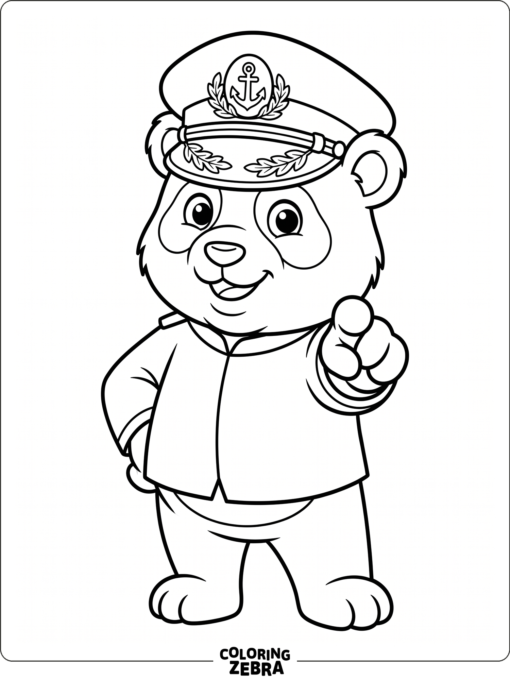 A panda wearing a captain hat and pointing ahead