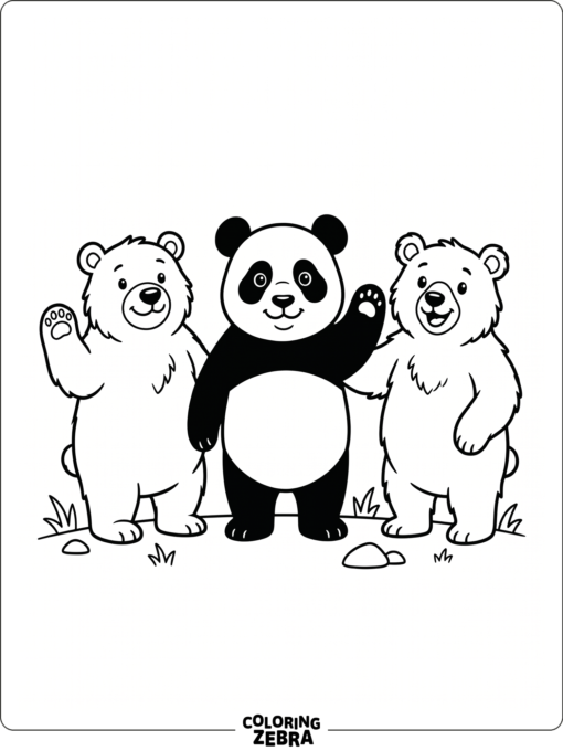 A panda bear standing with two cartoon bear friends
