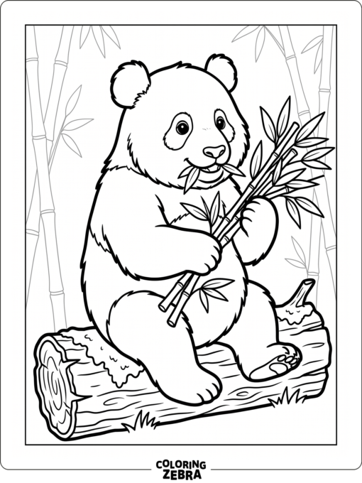 A panda holding bamboo leaves on a log