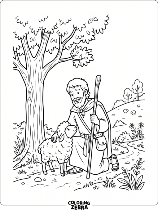 A shepherd finds a lost sheep near a tree in a simple field