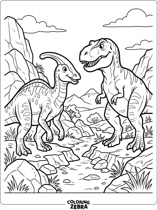 A parasaurolophus near a T rex on rocky ground