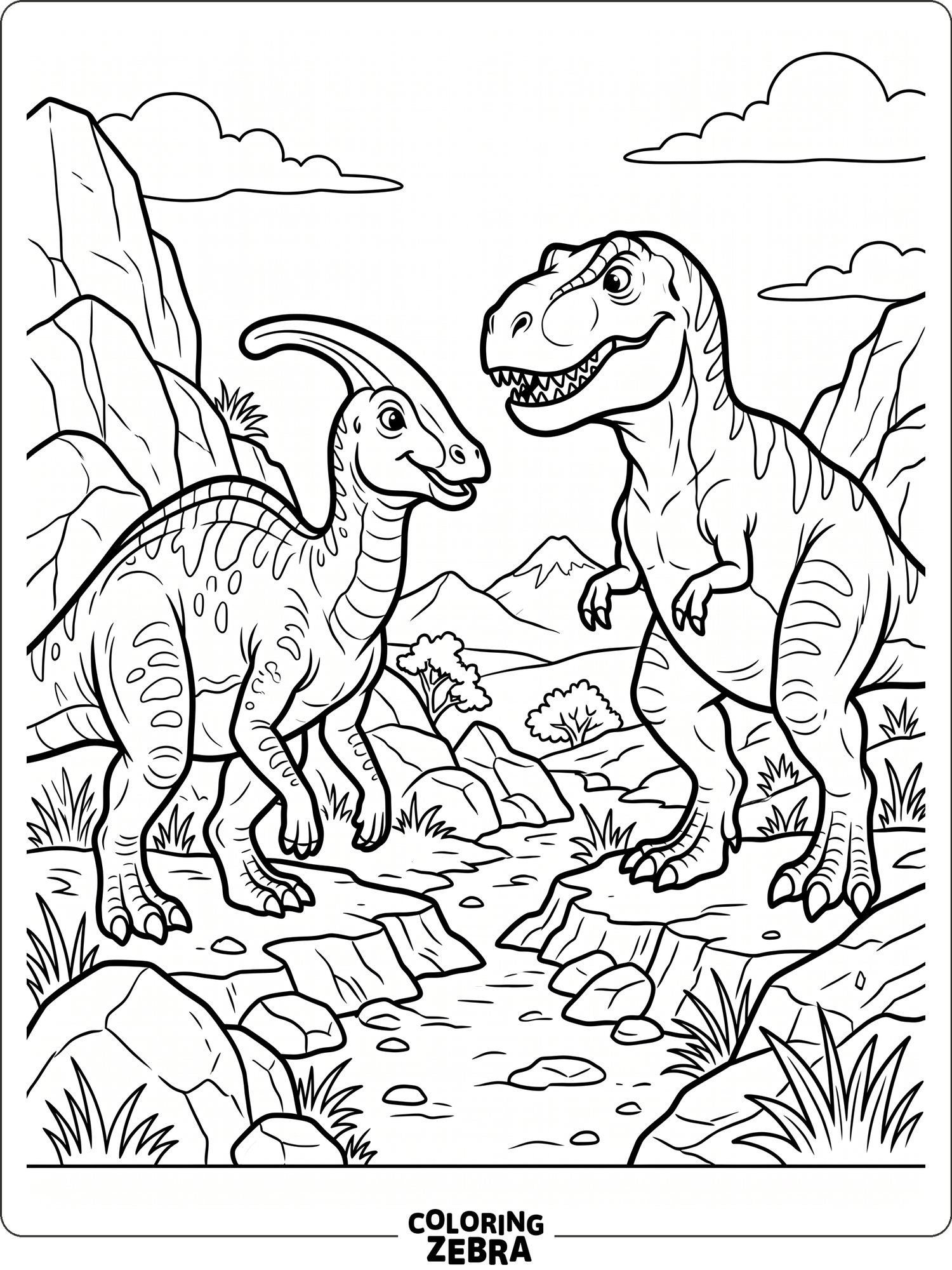 A fierce T rex stands near ferns with a wide open background