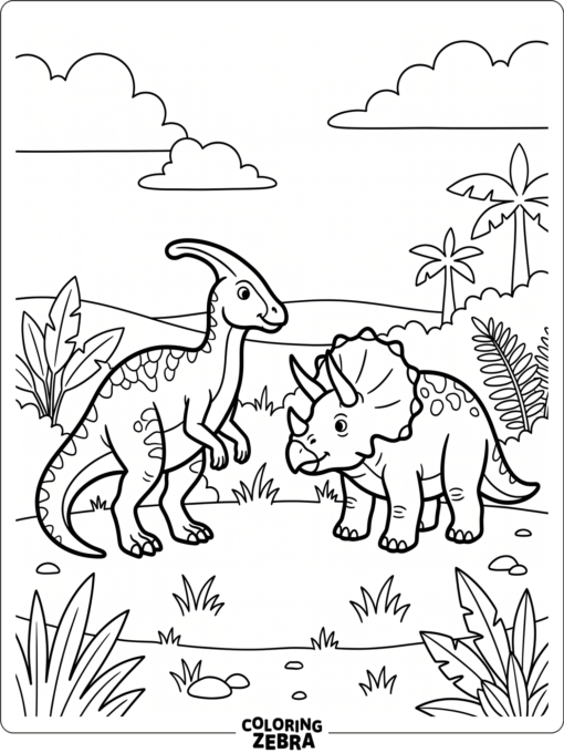 A parasaurolophus facing a triceratops