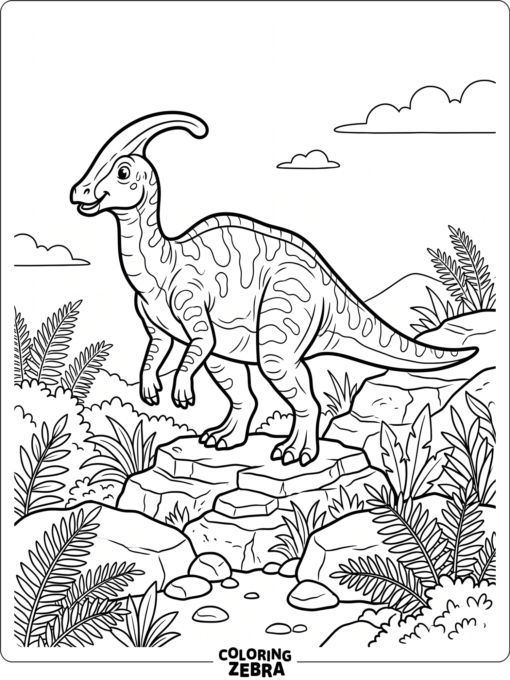 A parasaurolophus standing on rocks with fern leaves