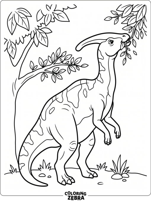 A parasaurolophus eating leaves from a branch