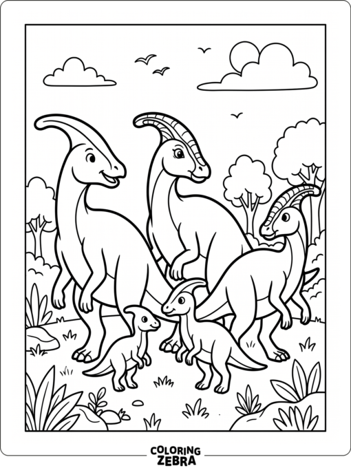 A parasaurolophus family standing together