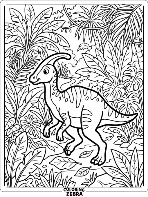 A parasaurolophus walking through jungle plants