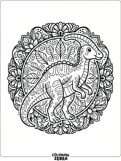 A parasaurolophus with mandala patterns around it
