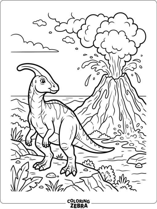 A parasaurolophus near a volcano with smoke