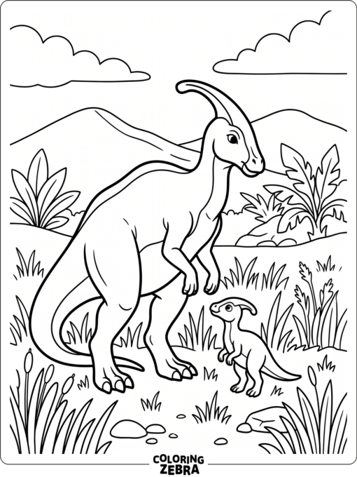 A parasaurolophus with a small baby dinosaur
