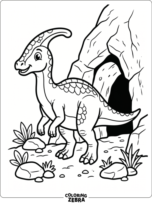A parasaurolophus near a cave entrance and stones