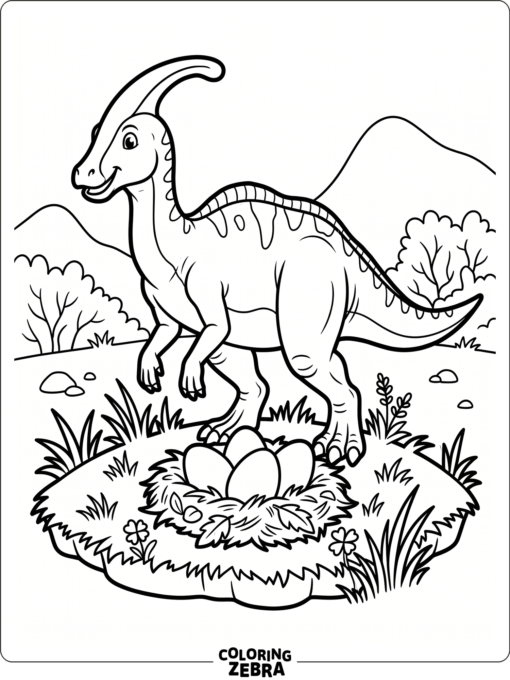 A parasaurolophus beside a nest of eggs