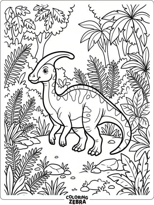 A parasaurolophus standing among ferns