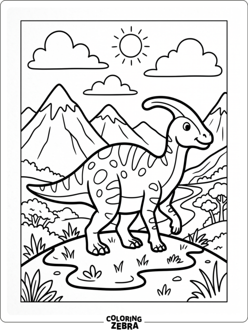 A parasaurolophus with mountains behind it