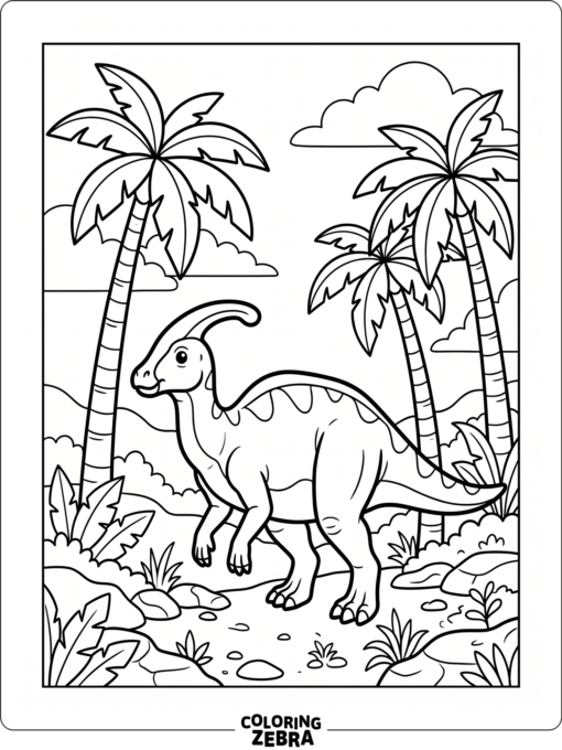 A parasaurolophus standing under palm trees