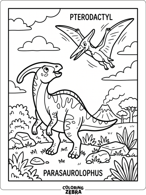 A parasaurolophus watching a pterodactyl overhead