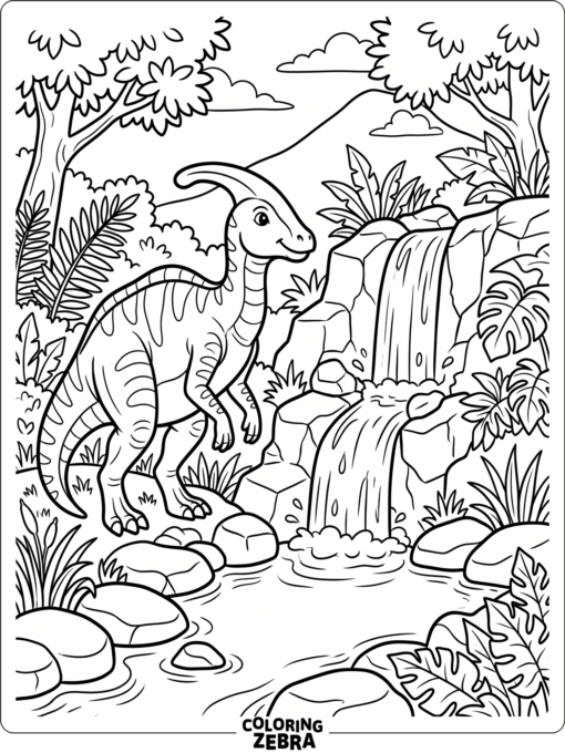 A parasaurolophus near a small waterfall