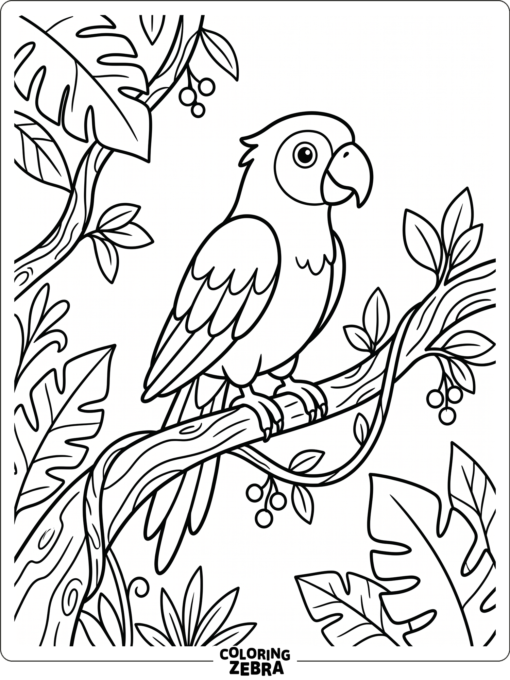 A parrot perched on a curved tropical branch