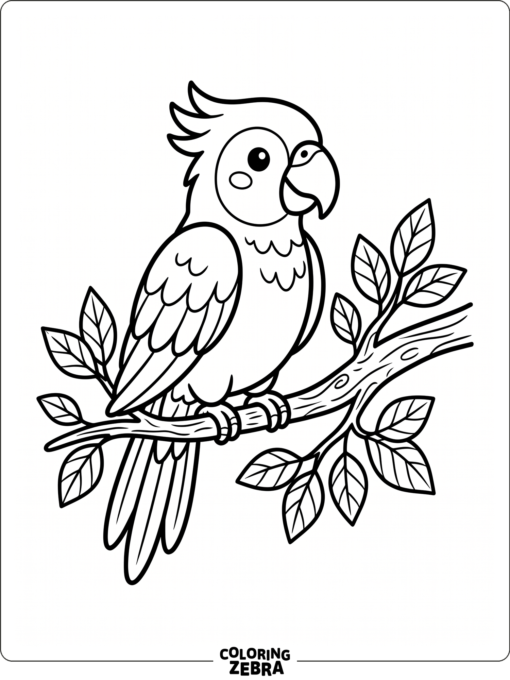 A simple parrot sitting on a branch with one leaf