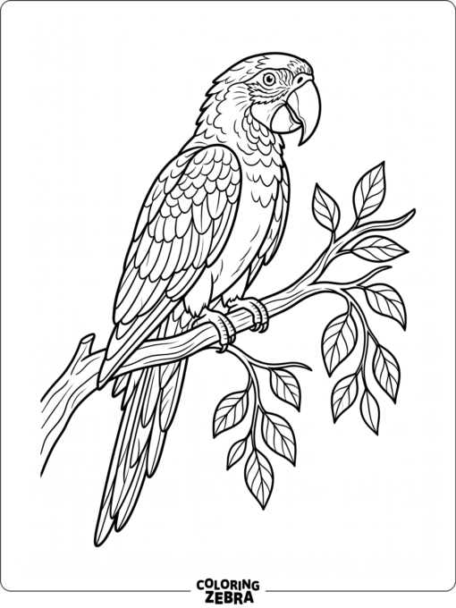 A parrot perched on a branch with leaves