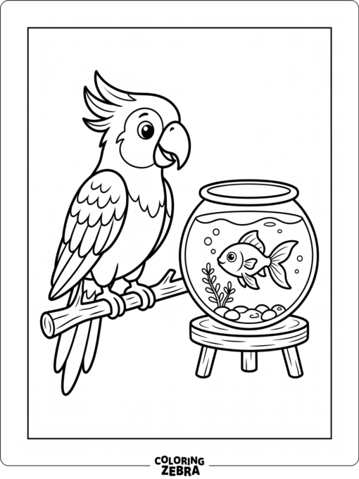 A parrot next to a fishbowl with a fish inside