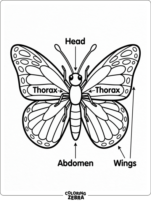 A butterfly diagram with labeled body parts
