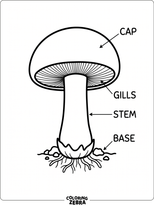 A labeled mushroom diagram with cap and stem parts