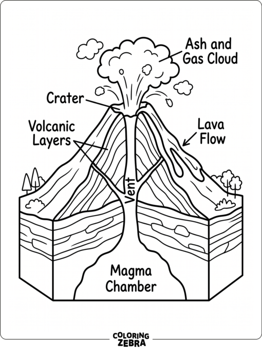 A volcano cross section showing key parts
