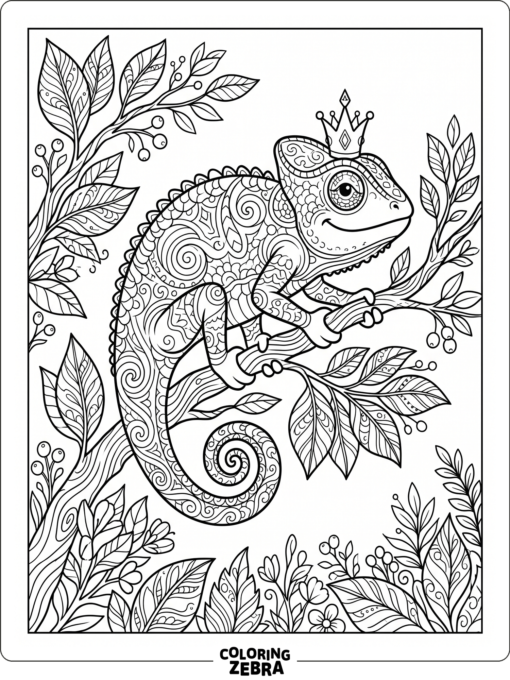 A chameleon with a tiny crown on a branch