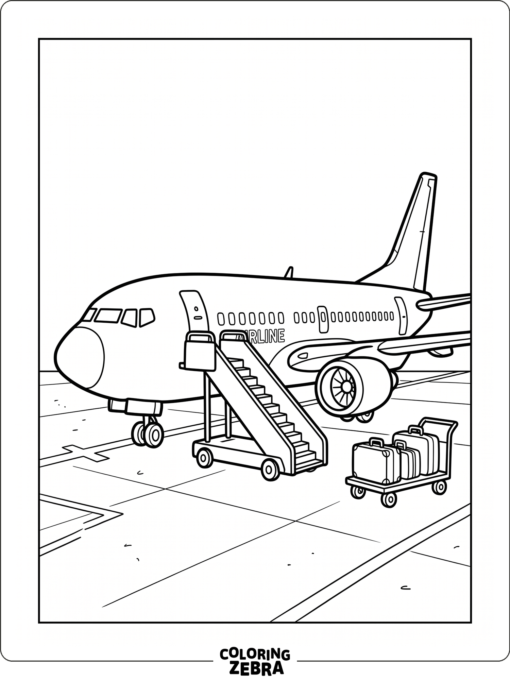 A passenger airplane beside a stairway and luggage cart