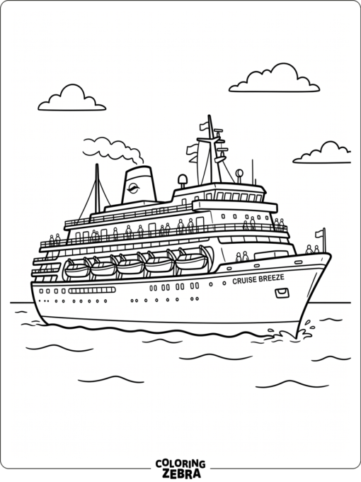 A passenger ship with lifeboats and railings