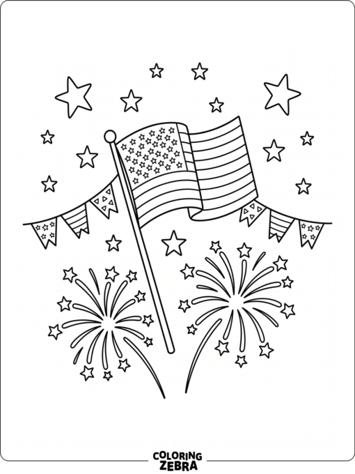 A flag, fireworks, stars, and bunting