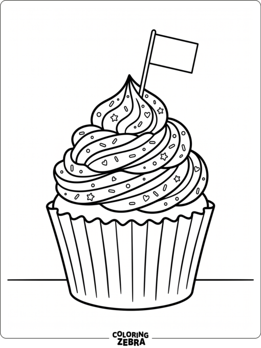A cupcake topped with frosting, sprinkles, and a small flag