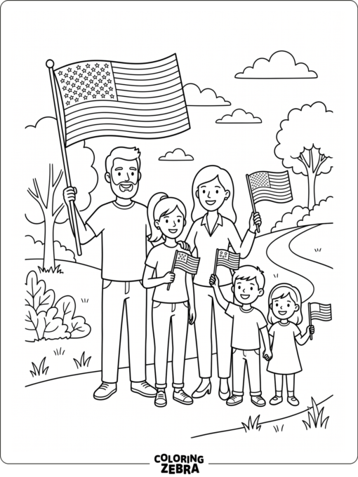 A family standing together and holding flags
