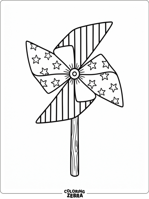 A pinwheel with striped blades and star patterns