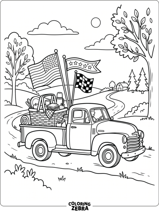 A truck carrying flags and picnic supplies