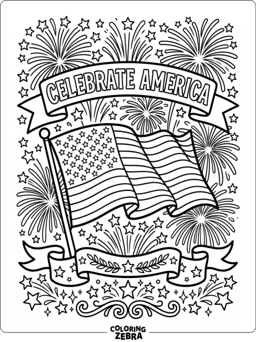 A patriotic banner with fireworks, stars, and a waving flag