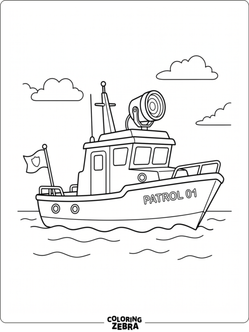 A patrol boat with a spotlight and a small flag on the water