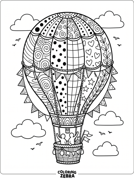 A hot air balloon covered in swirls and dots