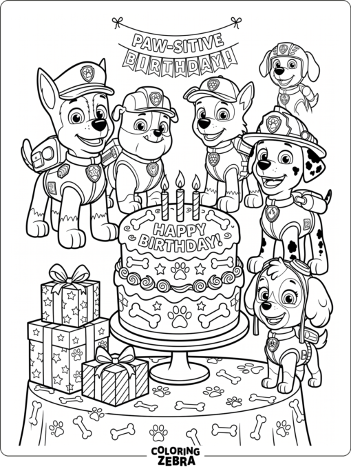 Paw Patrol pups with cake and birthday gifts