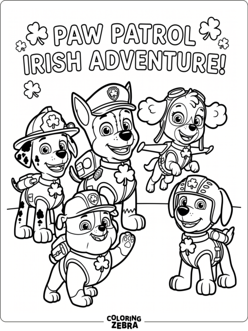 Cartoon rescue pups wearing shamrock collars and hats