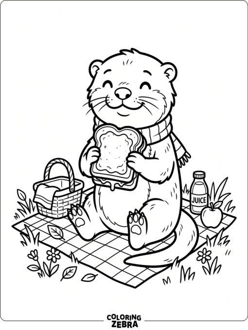 An otter holding a sandwich on a picnic blanket