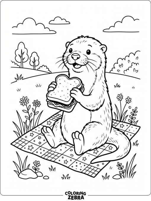 An otter holding a peanut butter and jelly sandwich