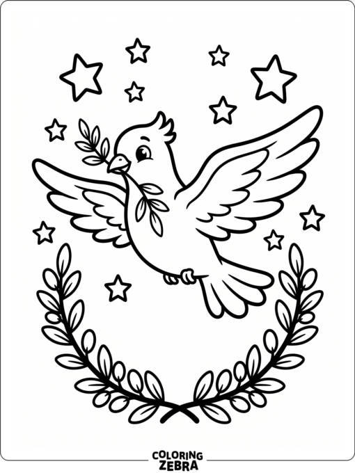 A peace dove flying above an olive wreath
