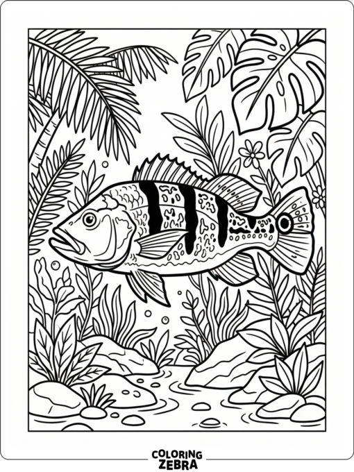 A peacock bass near tropical leaves