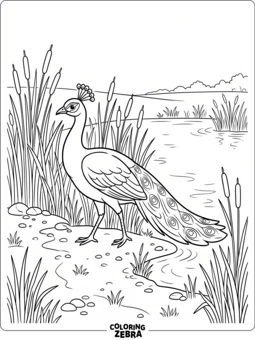 A peacock bird walking through reeds near a pond