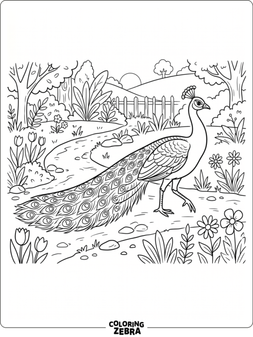 A peacock walking along a garden path