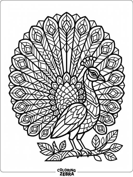 A stained glass peacock with bold geometric feathers